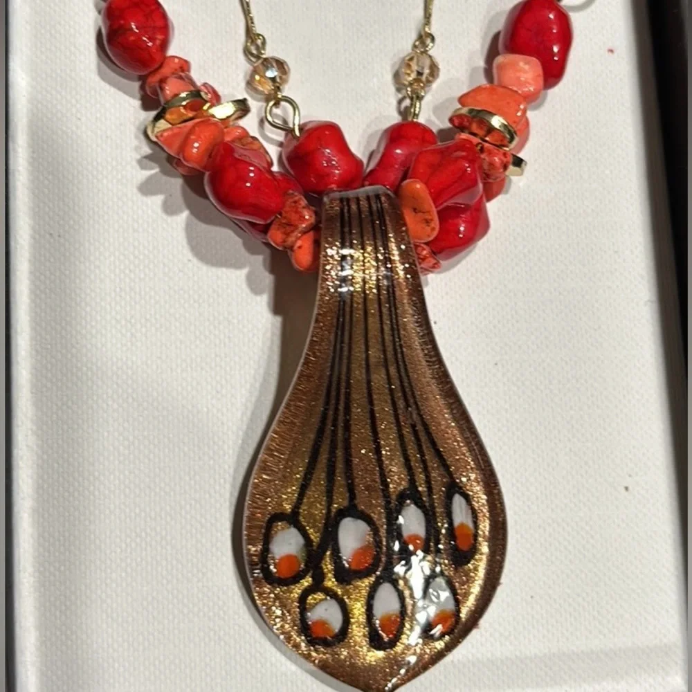 NEW in Box MIXIT Coral Orange Statement Necklace & Earrings Set | Leather Cord - Picture 4 of 6